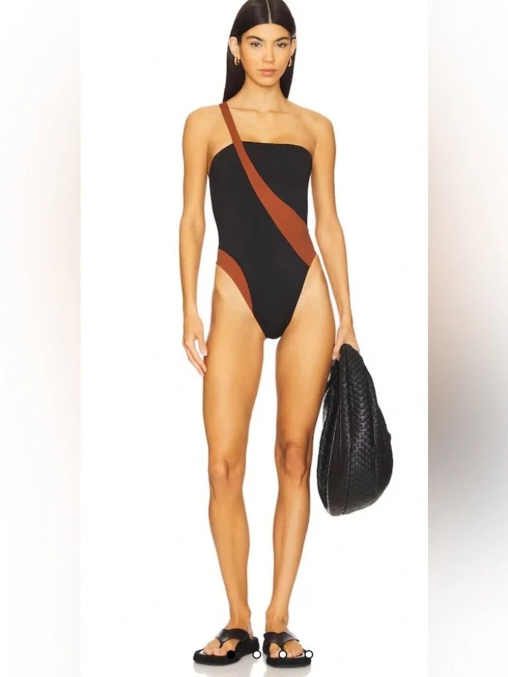 New Gigi C Blake One Shoulder Black/Cognac One Piece Swimsuit Xl Nwt